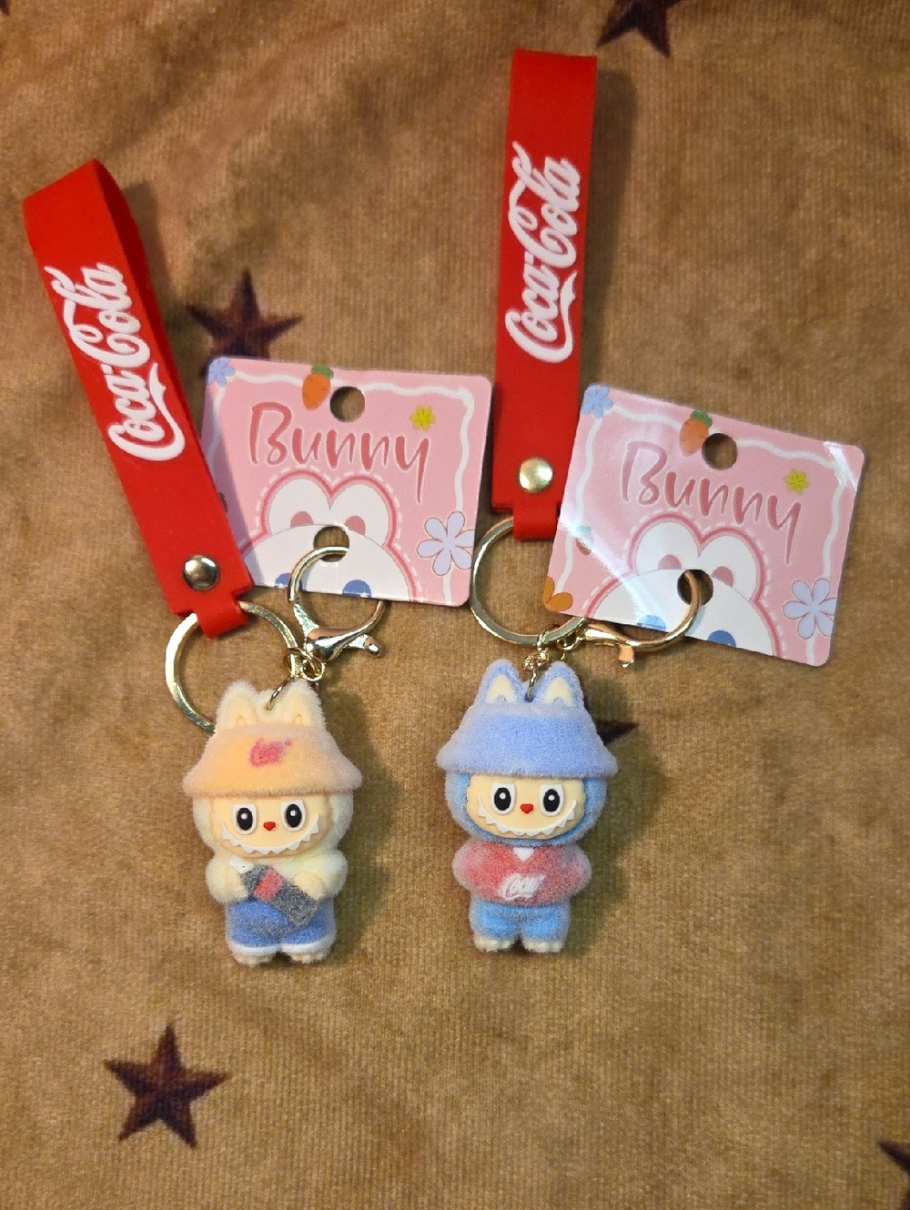 Coca Cola  Labubu Pink & Blue Bunny Plush Keychain Pair with Red Branded Strap